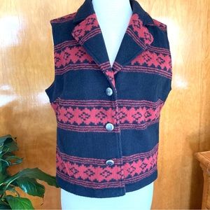 Orvis vest black red diamond patterned 3 button women’s size M Aztec Western